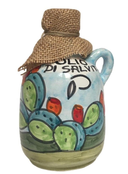 Ceramic jar Blue "Fichi d'India" (Cactus) - Extra-Virgin Olive Oil "Nocellara del Belice" - (0.25 L)